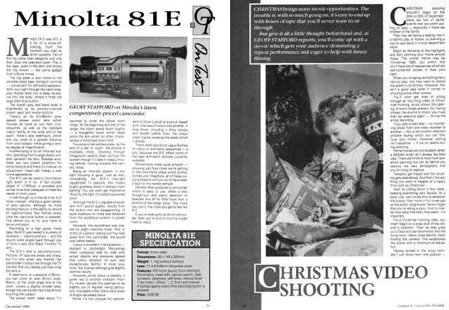 A review of the Minolta 81E Video8 camcorder and an article about Christmas in Camera & Camcorder Monthly magazine